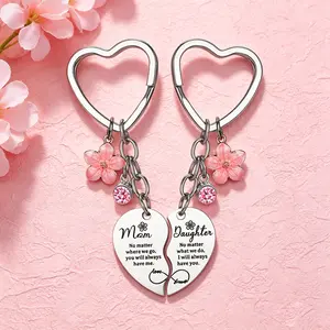 Mom Daughter Heart Puzzle-2PCS Set Keychain Flower Pendant Engraved Stainless Steel Matching Keyrings Birthday Christmas Gift for Mom Daughter Women Girls