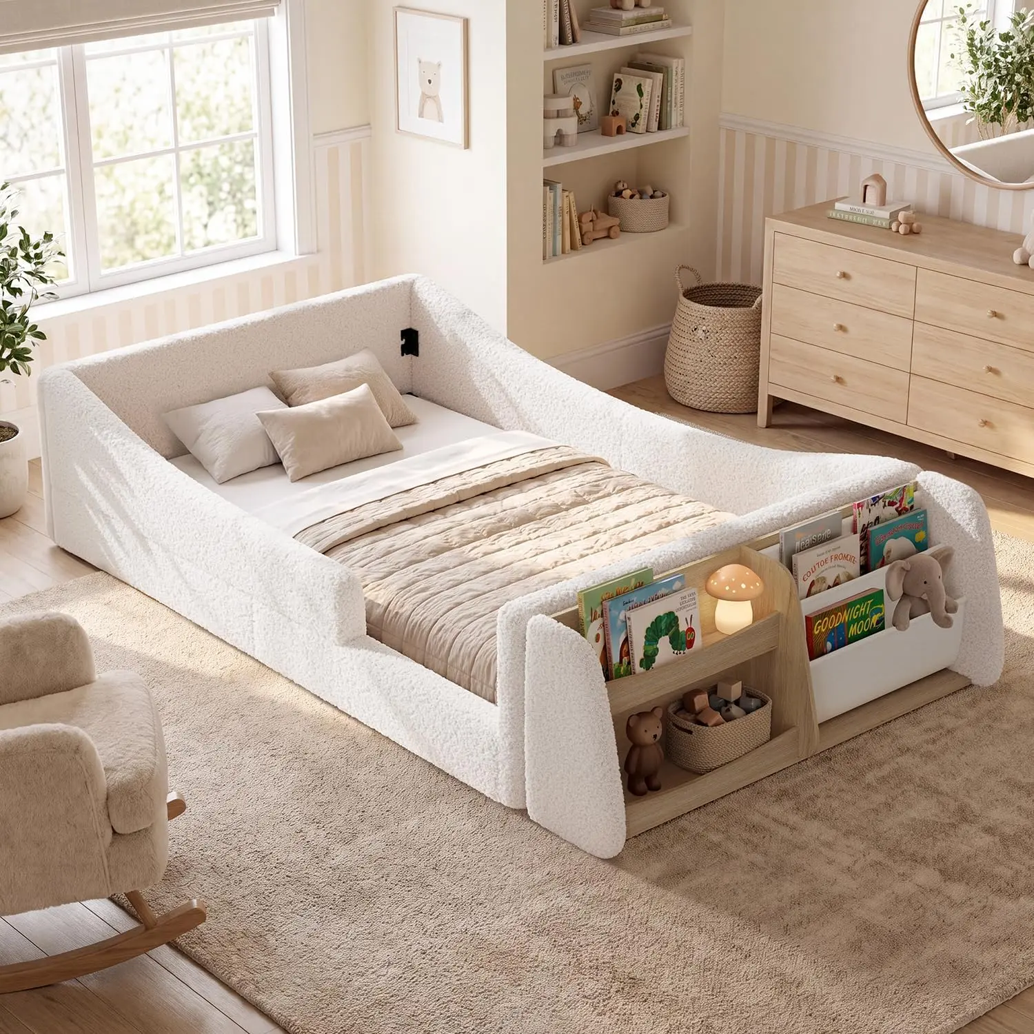 HauomsTwin Floor Bed, with Bookshelf, Low Montessori 2-in-1 Beds, Upholstered | Metal Frame, High Rails, Curved Round Frame, Soft,  No Box Spring Needed, Easy Assemble, Slats, Holds 550lb