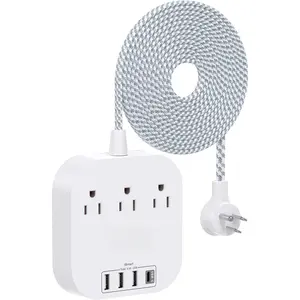 Power Strip with USB C, 3 Outlets 4 USB Ports (22.5W/4.5A) Desktop  Station, Flat Plug, 15ft Braided Extension Cord, Non Surge Protector for Travel, Cruise Ship, ETL Listed