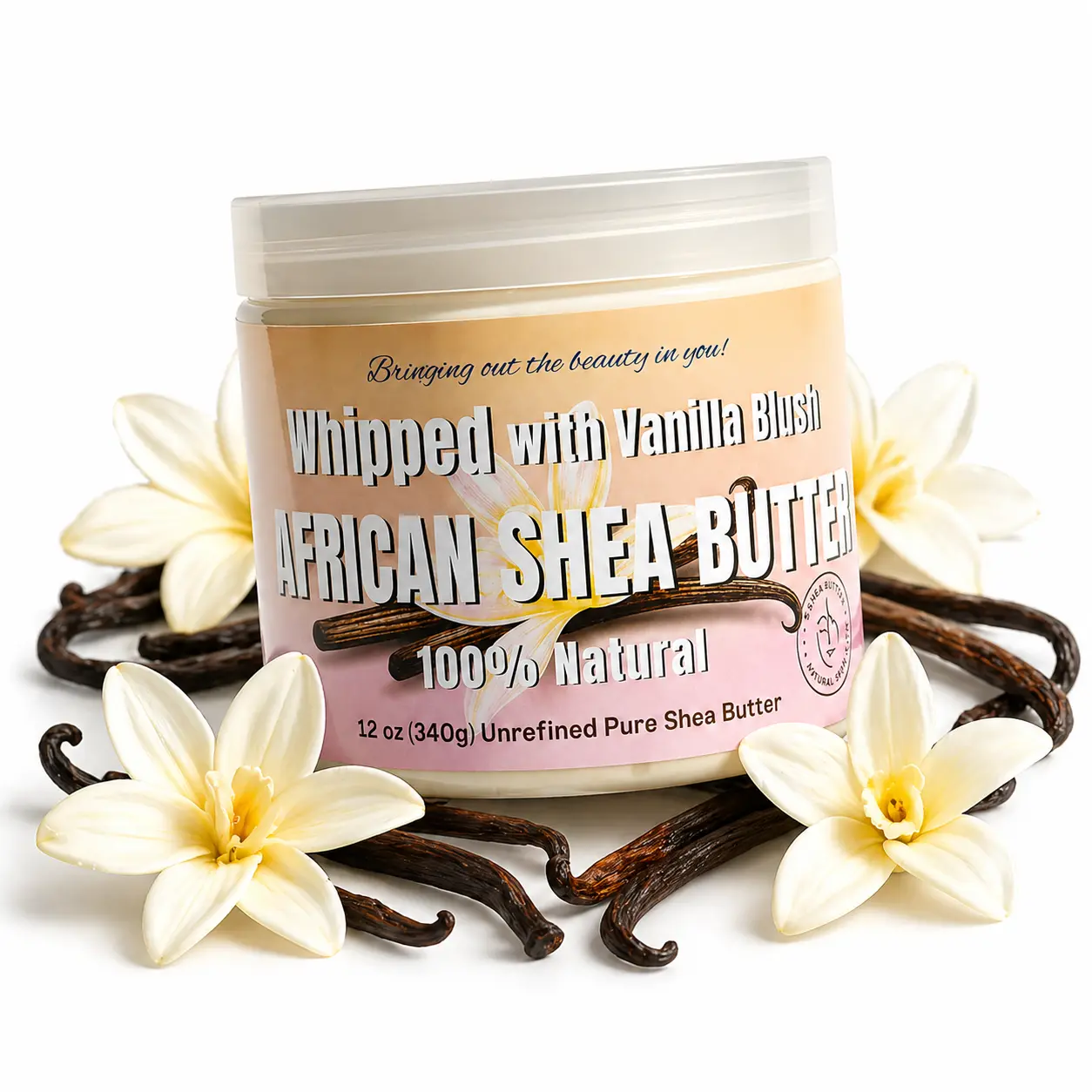 Whipped Shea Body Butter w/ Vanilla Blush | 100% Pure and Natural African Shea Butter for Men & Women - Ultimate Handcrafted Moisturizer with Essential Vitamins for Radiant Skin & Luscious Hair