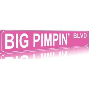 2D Flat, 1pc Vintage "Big Pimpin' Blvd" Metal Tin Sign - 16x4 Inch Pink Iron Wall Art with White Text, Multipurpose Indoor/Outdoor Decor for Home, Bar, Cafe, Garage - English Te*t Design, Wall Hanging, Metal Wall Art Decor, 2D Flat dark background retro g