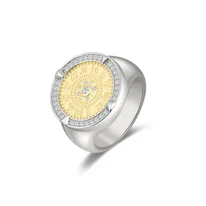 Aprilery Medallion Zodiac Signs Coin Statement CZ Two Tone Ring For Women Sparkling Celestial Horoscope Chunky Fashion Astrology Jewelry