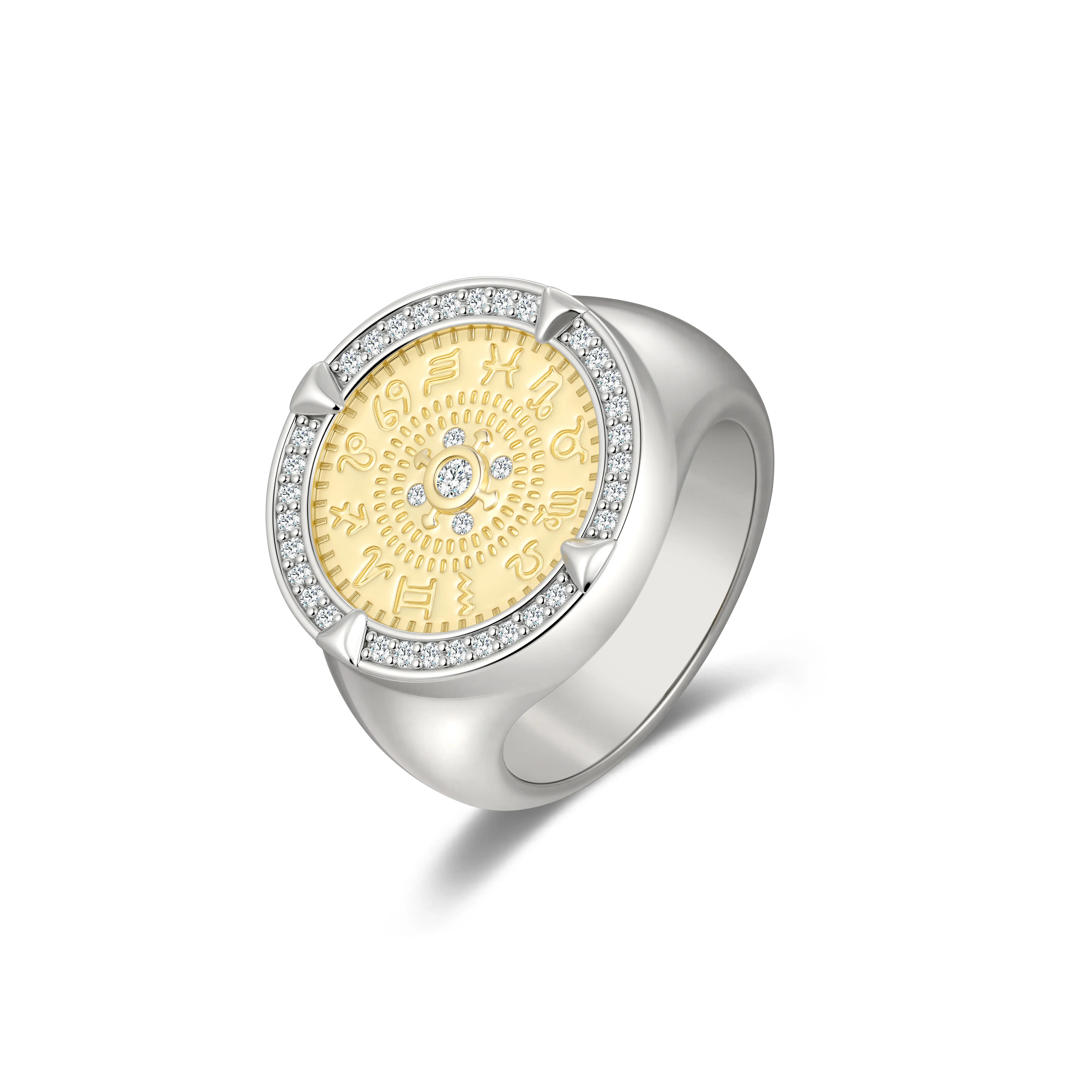 Aprilery Old School Coin Ring, Zodiac Signs Medallion Statement Ring, Two Tone CZ Sparkling Chunky Astrology Jewelry for Women
