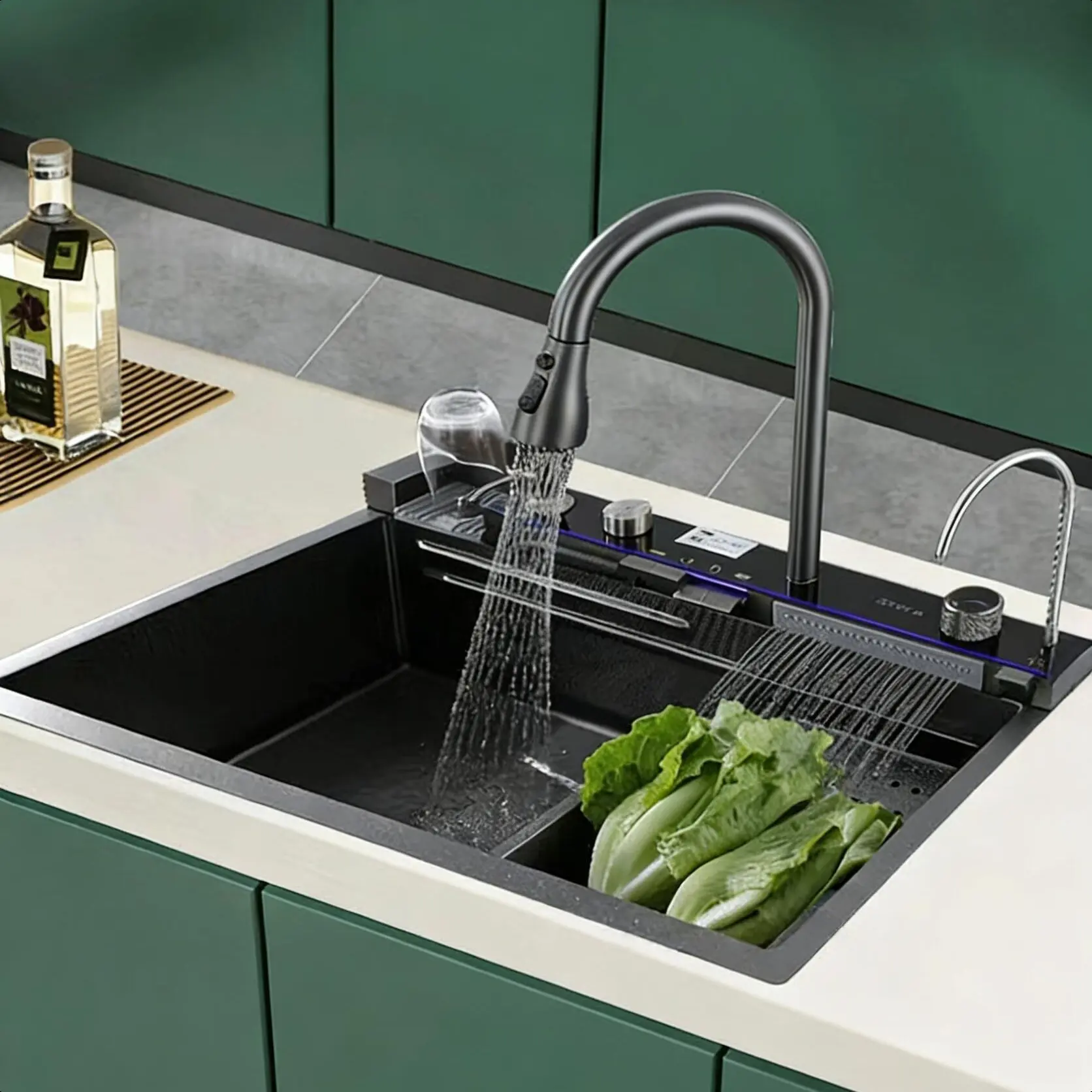 Modern 30-Inch Kitchen Sink - Smart Digital Display, Water-Powered Piano Key Control, 3-Water-Mode Pull-Out Faucet, Dual Knob Design, Honeycomb Coating, US Standard Garbage Disposal Compatible