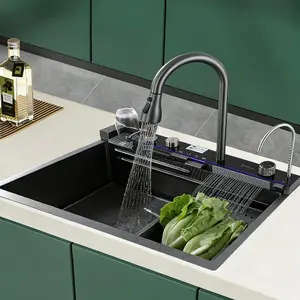 30 Inch Kitchen Sink with Smart Digital Display, Water Powered Piano Key Control, 3 Water Modes Pull Out Faucet, Dual Knob Design, Honeycomb Coating, Compatible with US Standard Garbage Disposal