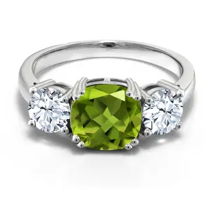 Gem Stone King 3.95 Cttw Green Peridot 3-Stone Engagement Ring For Women | 925 Sterling Silver | Cushion 8MM and Round 5MM | Three Stone Wedding Engagement Anniversary Promise Ring