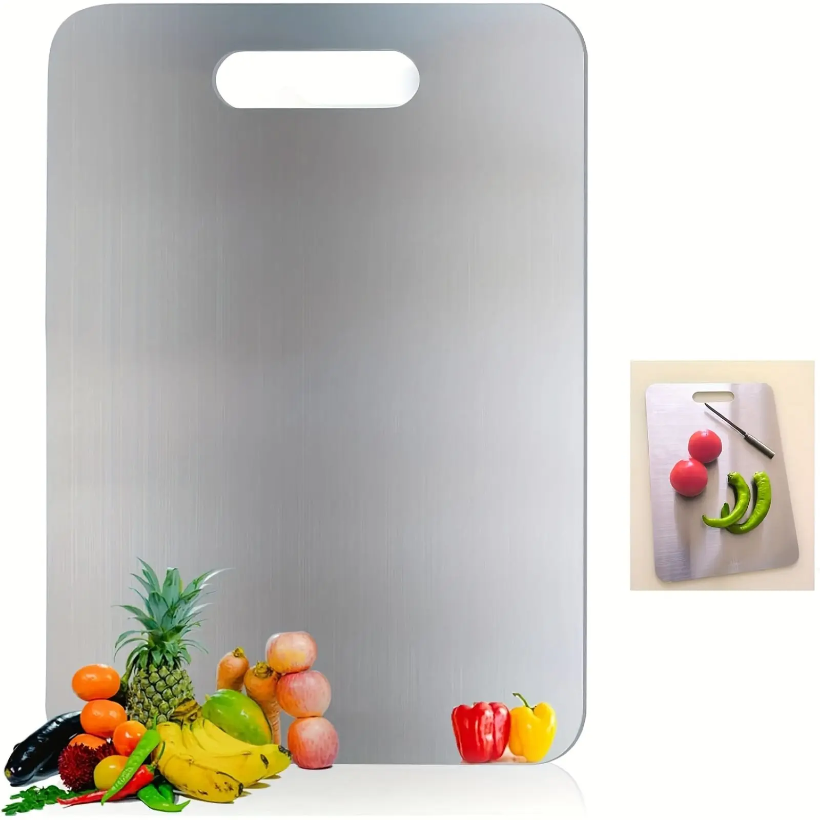 304 Stainless Steel Chopping Board with Handles - Food-Grade, Durable, Reversible, Non-Porous, Odor-Resistant, Easy-to-Clean Steel Cutting Board for Kitchen Meal Prep (Fruit)