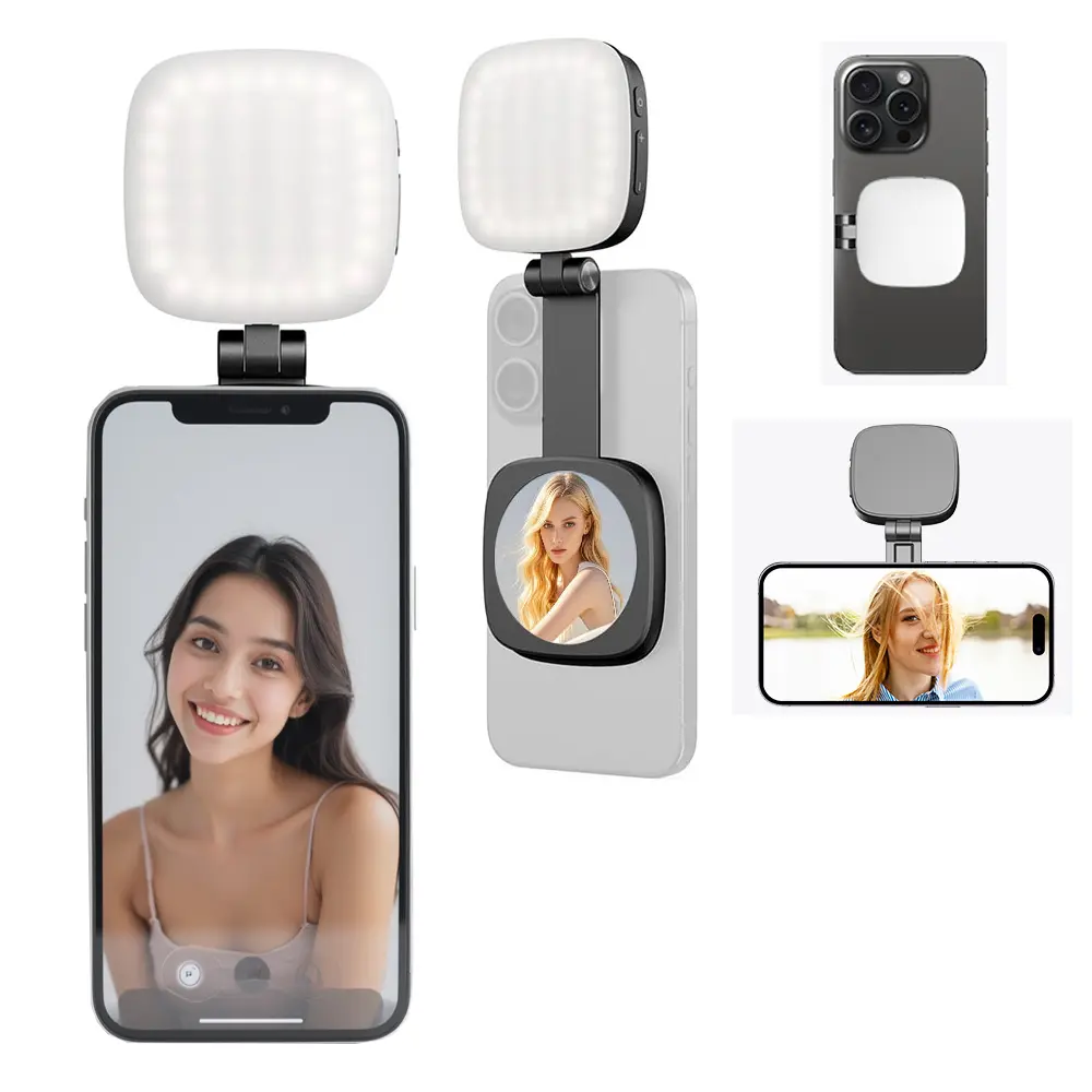 Curved Magnetic LED Selfie Light, Portable Ringlight with 360° Rotation & Built-in Mirror, Cellphone Accessories with 4 Light Modes & 5 Brightness Levels