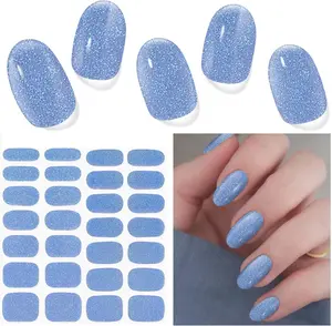 Semi Cured Gel Nail Strips (Glitter Mermaid Blue), 28 pcs UV Gel Nail Stickers for Women Work with Any UV Lamps, Salon Quality Nails Wraps for Home DIY Nails Art