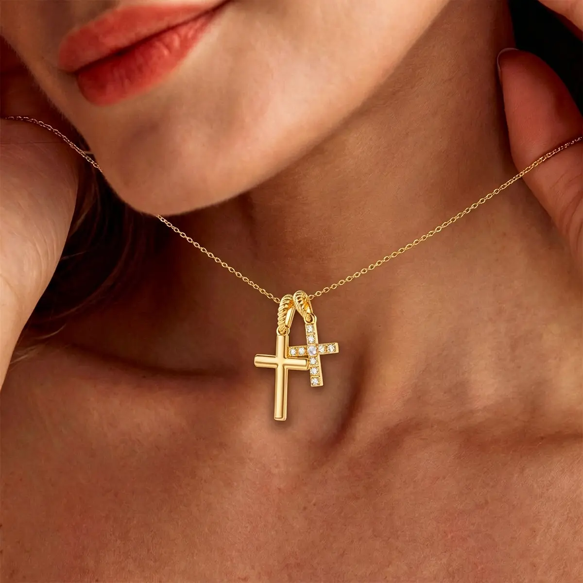 Double Cross Necklace for Women - 14K Gold Plated Cross Pendant, Trendy Adjustable Hypoallergenic Chain Retro Christian Jewelry Gift