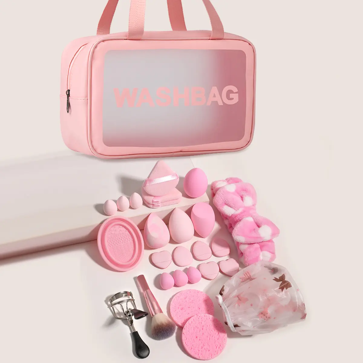 Pink Makeup Tool Kit for Beginners - Makeup Brushes Set, Silicone Beauty Blending Sponge Tools, Waterproof Wash Bag, Finger Puffs, Cleansing Bowl, Polka Dot Headband, Eyelash Curler, Powder-Applicable, Portable Travel Cosmetic Gift Set, Storage, Silicone