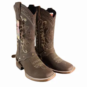 Women's Leather Cowgirl Boots, Western Floral Embroidery Rodeo Square Toe Boot/ Bota Vaquera de Mujer/ EST.108 Crazy Arena Color