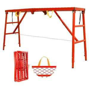 Red foldable alloy steel scaffold platform, 69"x15"x53", adjustable height & legs, 770lbs capacity. Portable multi-use for stairs, uneven ground, welding, painting, wiring, car washing, home decoration. stool ladder drywall aluminum