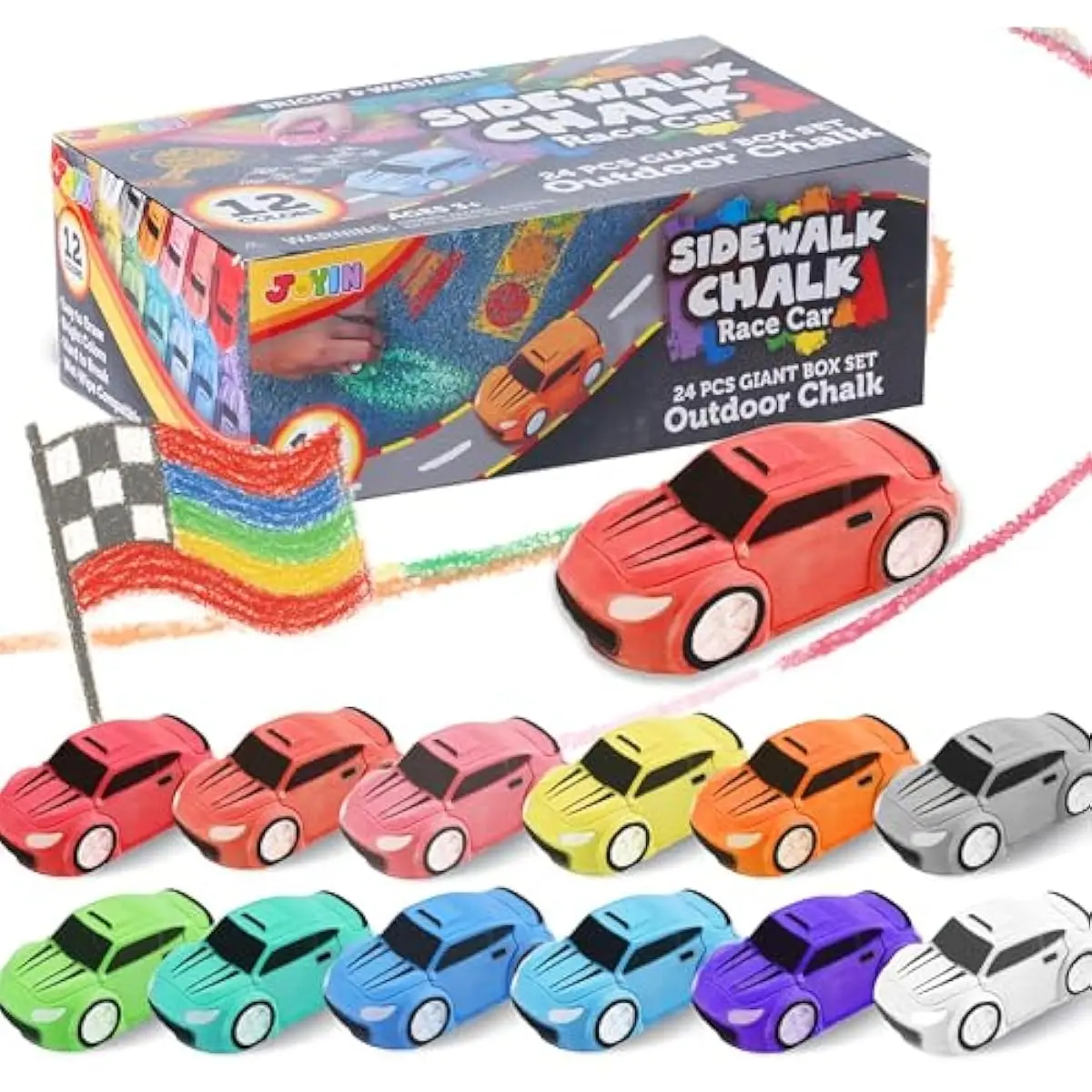 24PCS Race Car Sidewalk Chalk Bulk, Party Favors for Kids, Non Toxic Washable Jumbo Chalk,Toddler Outdoor Toys, Individually Wrapped, Birthday Gifts, Outside Toys (12 Colors)