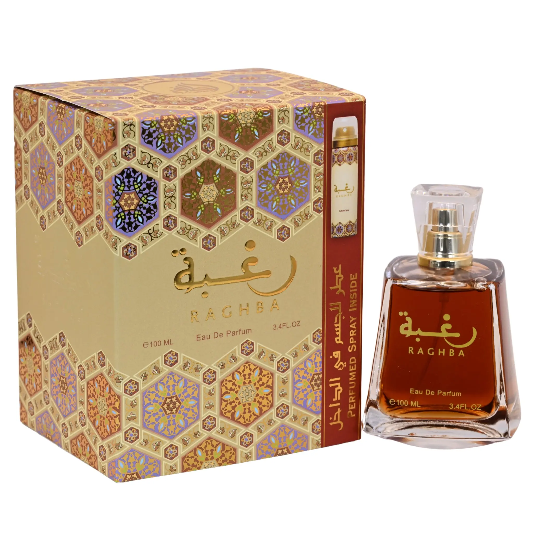 Lattafa Raghba Unisex EDP Body Perfume Spray - Ethnic Unisex Fragrance, Long Lasting Vanilla, Scented Vanilla, Gourmand Oud, Aromatic Amberwood, Day-Night Use, 3.3/3.4 oz, New in Box