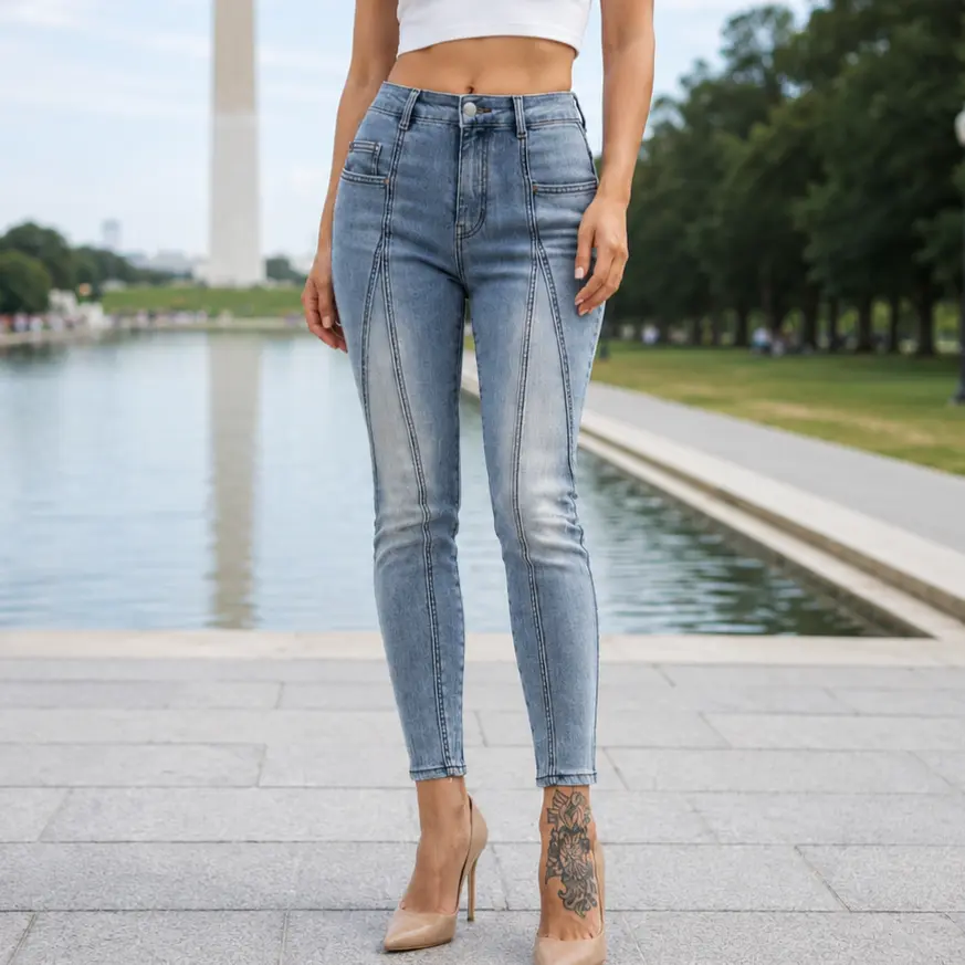 Women's Mid-Rise Stretchy Cotton Washed Skinny Slim Fit Jeans - Light Medium Wash, Contrast Stitch, Vintage Ankle Length, All-Season Clothes Piece, for Trendy Streetwear, BTN018-B,clothes for back to school,first day of school outfits