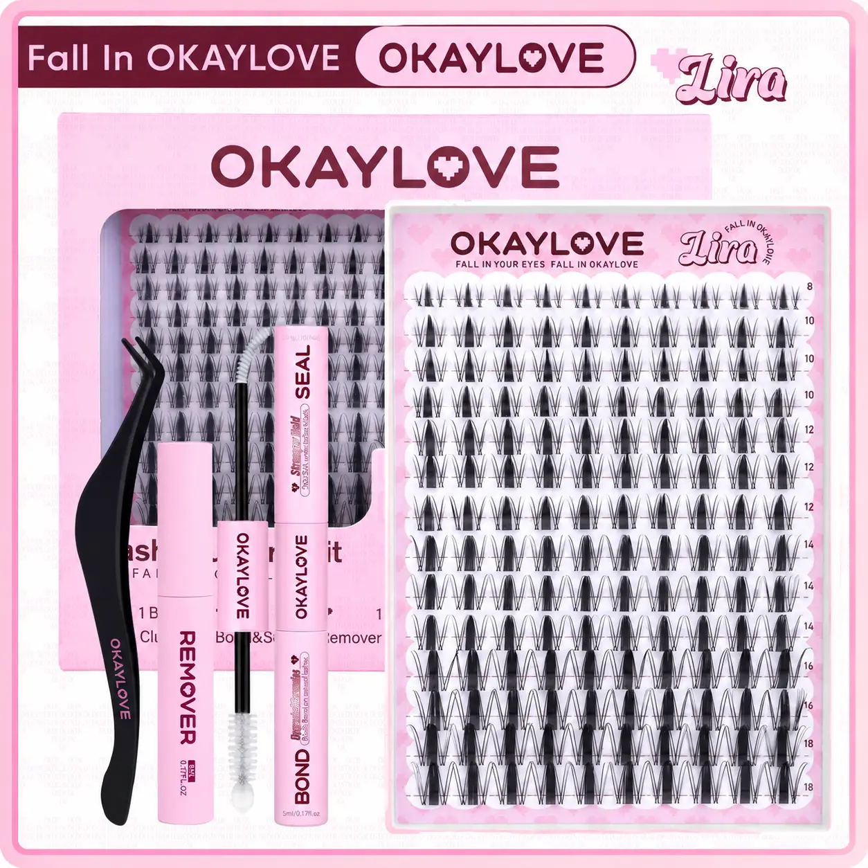OKAYLOVE Lira Natural Lash Clusters Kit - Lightweight Spiky Anime Lashes with Long-Lasting Bond, Seal, Tweezers, Remover for DIY At-Home Application, Doll Makeup Enthusiasts, Cosmetic Gifts, Spiky Lashes