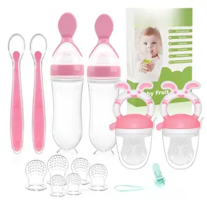 WAJIAYON Baby Fruit Feeder Pacifier - 6 Pack | 2 Baby Fruit Food Feeder Pacifier & 2 Baby Food Dispensing Spoon | Fresh Fruit Teethers for Babies | Silicone Feeder Baby,Mesh Baby Feeder (Pink-Rabbit)