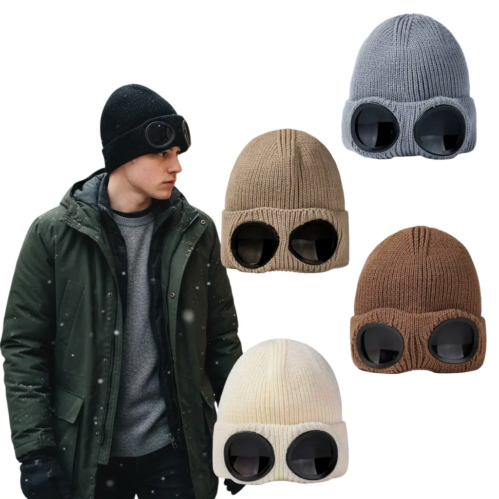 Unisex Knitted Goggles Beanie, Knitting Beanie, Cozy Beanie, Beanie Fitted, Winter Stylish Skull Warm Cap, Outdoor Sports Fashion, Outdoor Hats, Fleece Lining, Stretchy Hat, Cold Weather Accessory