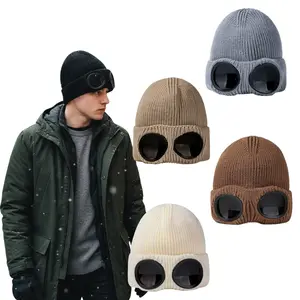 Unisex Knitted Goggles Beanie, Winter Stylish Skull Warm Cap, Outdoor Sports Fashion, Fleece Lining, Stretchy Hat, Cold Weather Accessory