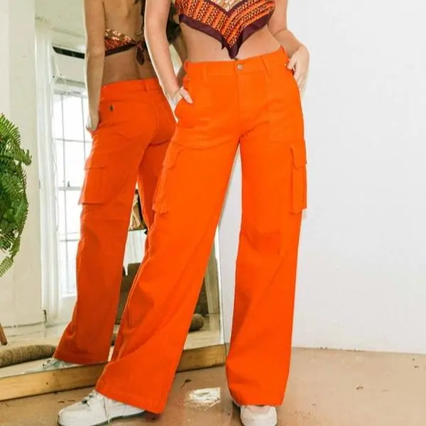 Orange High Waist Color Pop Cargo Pants Cotton Womenswear Bottom Pockets Women