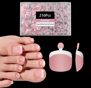 216pcs French Tip Press on Toenails Short Square，OPkssnails Pink Toe Nail Press On, Pre-Designed Soft Gel Toe Nail Tips, Soak off Acrylic Fake Toe Nail Extensions 12 Sizes