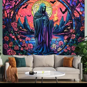 Uspring Blacklight Tapestry Hippie Gothic Tapestries Floral Wall Tapestry Wizard Skull Tapestry Wall Hanging Large UV Reactive Tapestry for Bedroom Aesthetic
