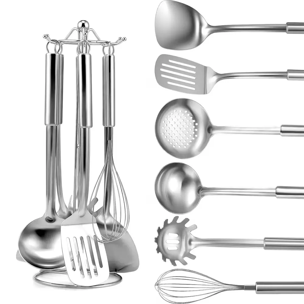 6Pcs Stainless Steel Kitchen Utensil Set, Including Spatula, Ladle & Slotted Spoon, Durable Cooking Tools with Hanging Handles, Suitable for Home, Hotel & Restaurant Use