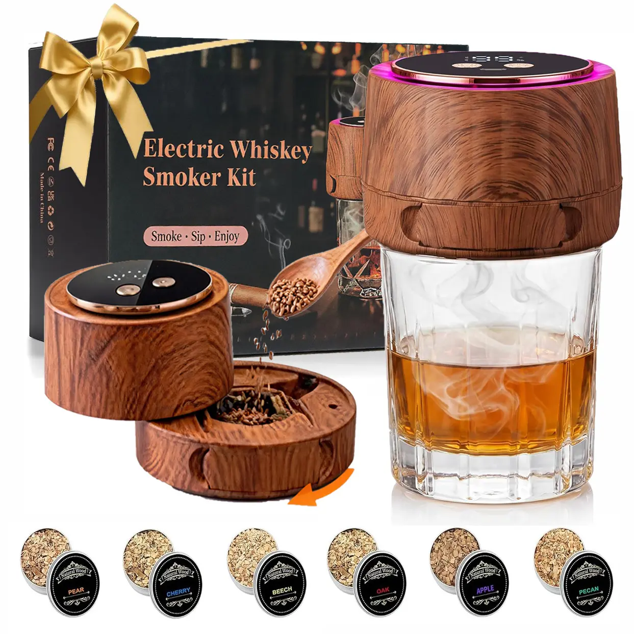 Electric Whiskey Smoker Kit rechargeable go holiday gift set with 6 Wood Chip Flavor Packs - Drink Aroma Enhancer for Whiskey Rum & Classic Cocktails lover - Built-in lighter Battery  Machine for Home Entertaining ice ball bourbon   premium gin set summe
