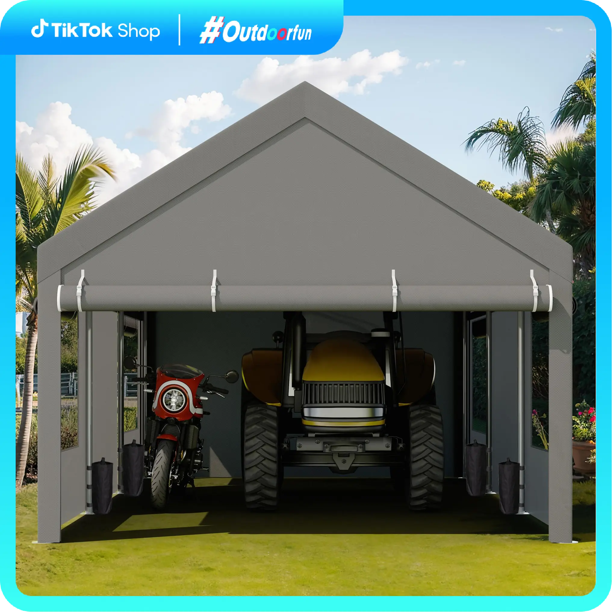 Walsunny Carport 12x20ft Outdoor Car Canopy Portable Garage, Heavy Duty Shed Tent Gazebo Port with Roll-up Ventilated Windows & Removable Sidewalls Shelter Storage Vehicle Party Moisture Prevention for Camp, Farm, Tool, Grey, Khaki, White,Durable Pvc
