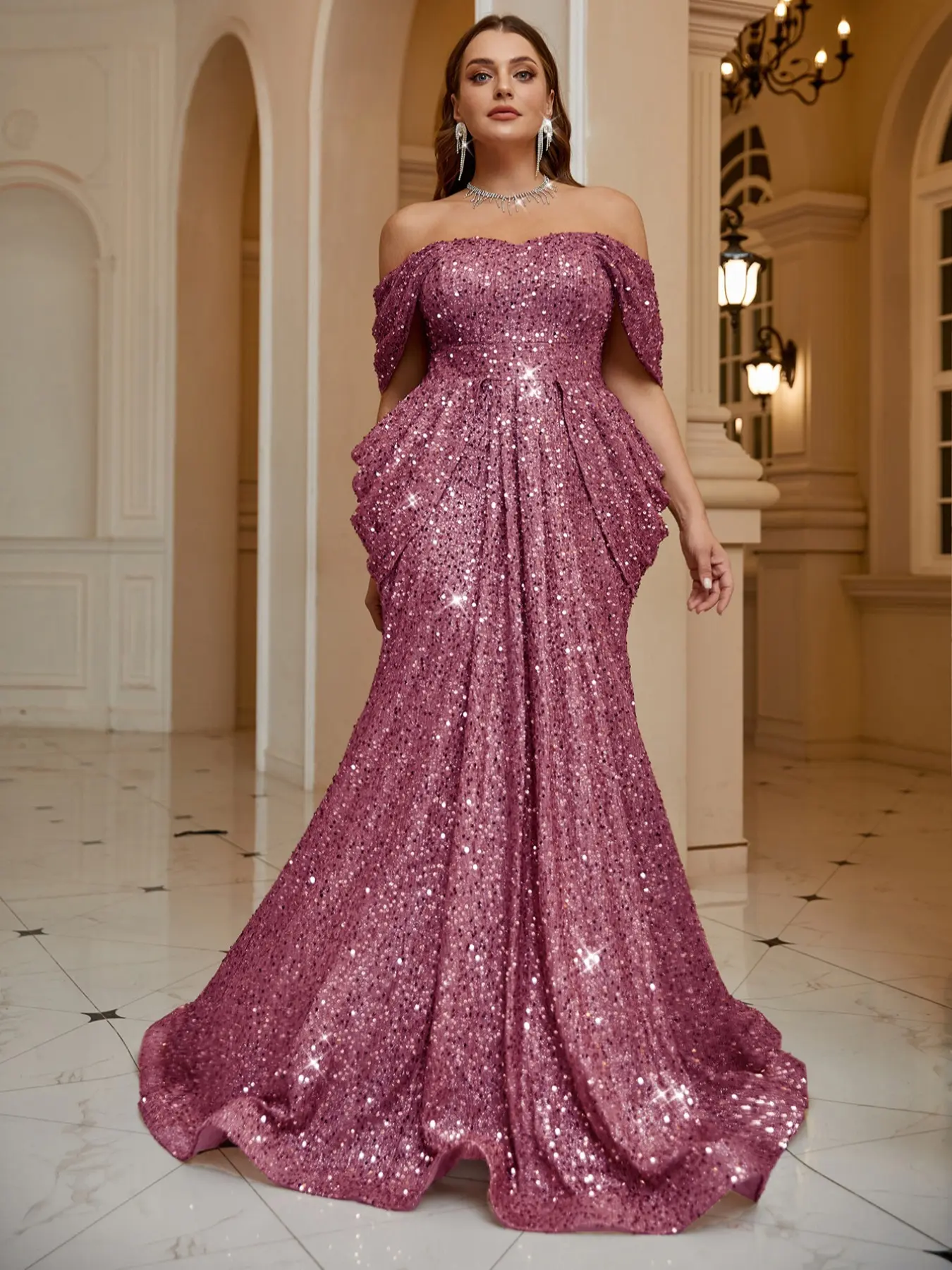 Plus Size Women's Halter Waist Cinching Pleated Elegant Solid Color Sleeveless Sequins Maxi Floor-Length Mermaid Tail Evening Formal Wear Gown Dress Fitted Womenswear