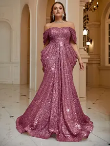 Plus Size Women's Halter Waist Cinching Pleated Elegant Solid Color Sequins Maxi Floor-Length Mermaid Tail Evening Formal Gown Dress Fitted