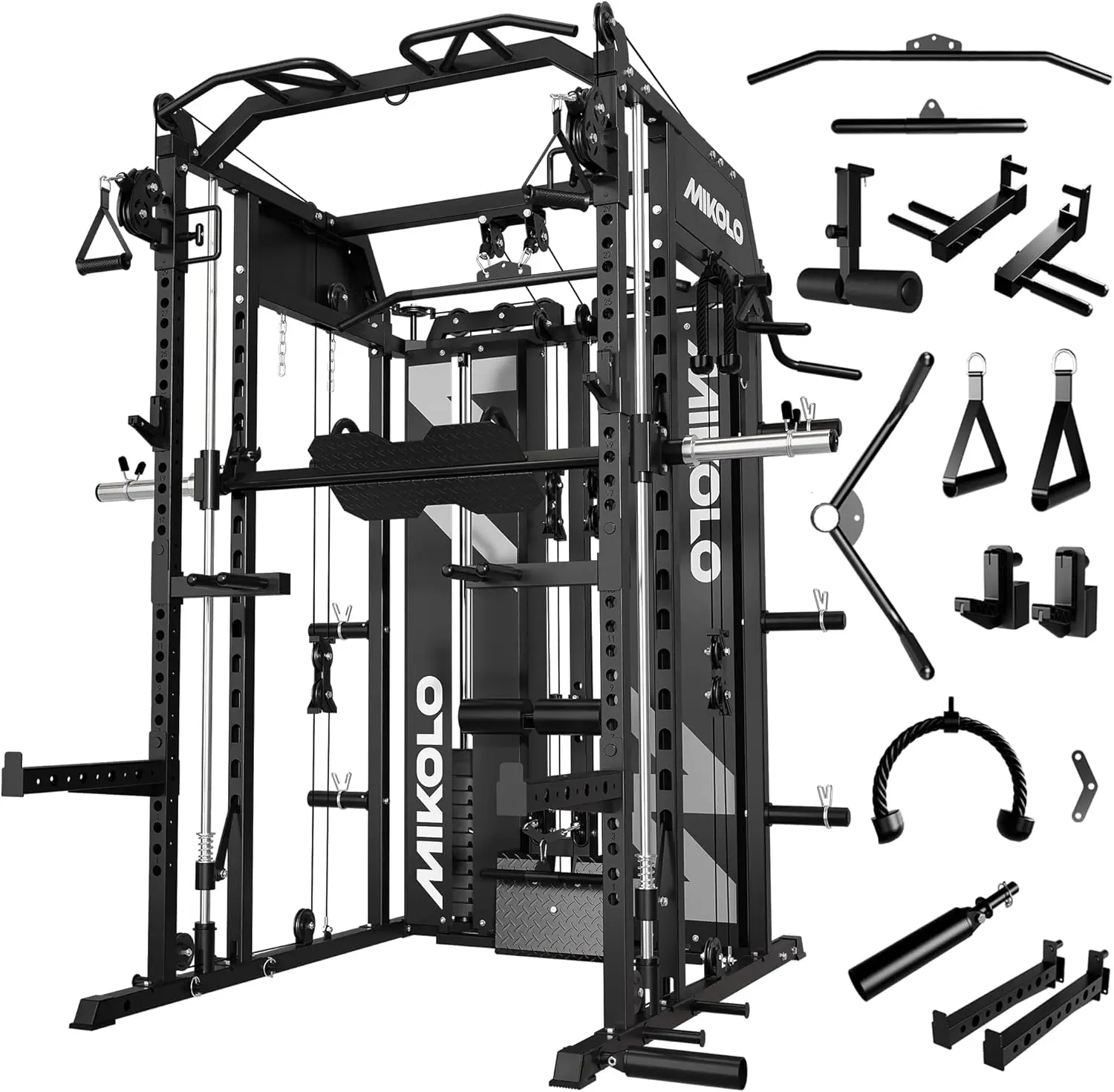CGHADQMikolo Smith Machine with Weight Stack, Power Cage Home Gym System with LAT Pulldown & Cable Crossover, Multi-Functional Trainer with Dual Pulley System, Includes 10+ Free Attachments