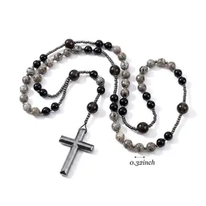 Natural Obsidian Yooperlite Rosary Necklace UV Reactive Protection Necklace Hematite Stone Cross Pendant Necklace Gift for her, gift for him Exquisite Jewelry Gift Healing Crystal Amulet