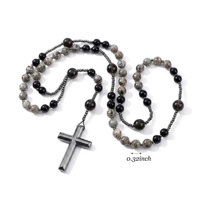 Natural Obsidian Yooperlite Rosary Necklace UV Reactive Protection Necklace Hematite Stone Cross Pendant Necklace Gift for her, gift for him Exquisite Jewelry Gift Healing Crystal Amulet