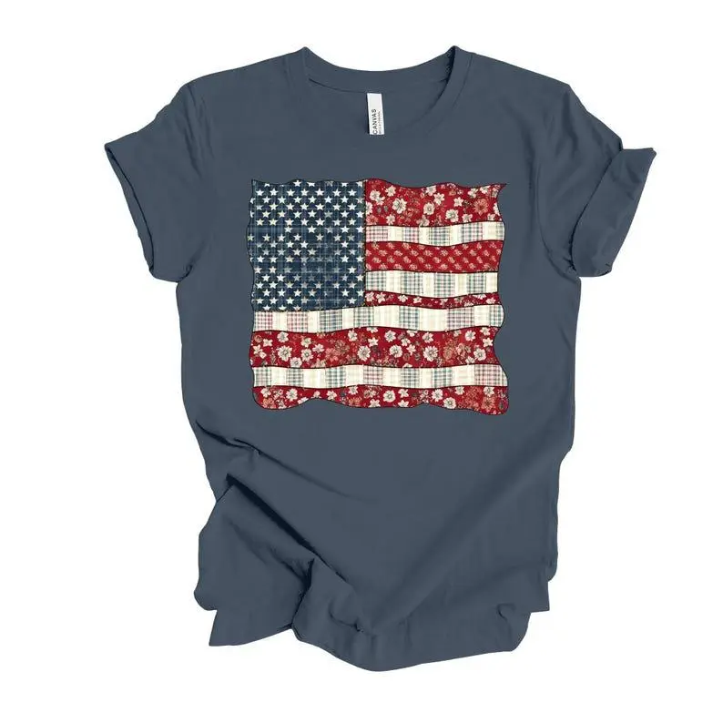 Patchwork American Flag Shirt: Preppy Patriotic USA Graphic Crew Neck Tee Tshirt Sweatshirt Hoodie