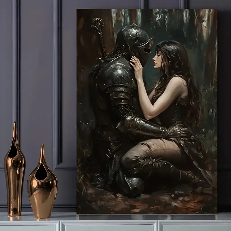 [2D Flat] 1pc Vintage Dark Fantasy Little Red Riding Hood & Black Wolf Canvas Art - Medieval Knight & Woman in Forest - Gothic Fairy Tale Wall Decor with Wood Frame wall decor Starter Home Décor, Witchy Home- for Living Room,  Annivers Decoration Artistic