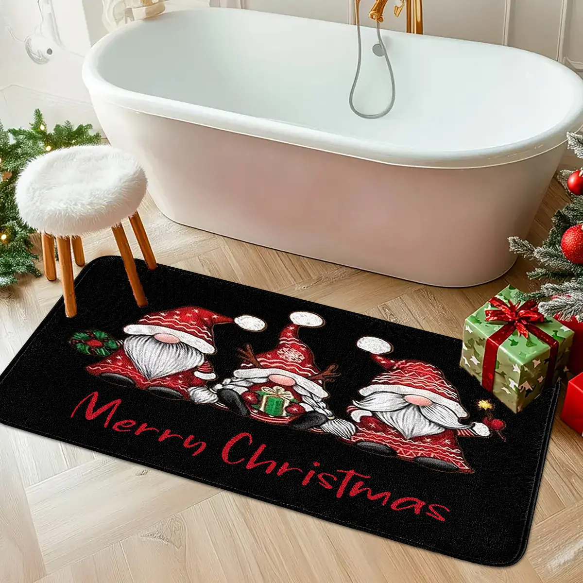1pc Imitation Cashmere Christmas Mat—3 Red Gnomes, "Merry Christmas" Script, Skin-Friendly & Breathable, Suitable for Bathroom, Multiple Sizes