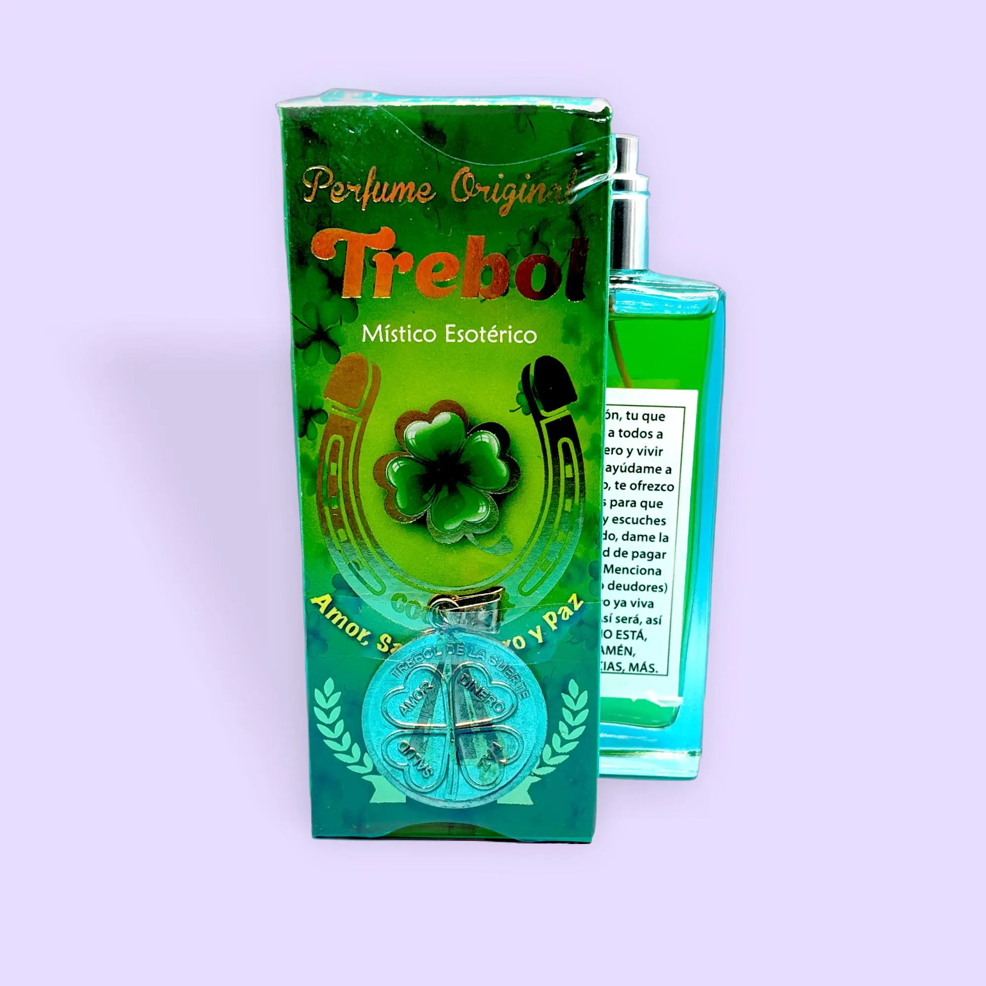 Trebol Clover Spiritual Perfume with Medallion, a Unisex Floral Scent for Good Luck and Positivity, Single Item, Floral Scent Perfume, Medallion Charm