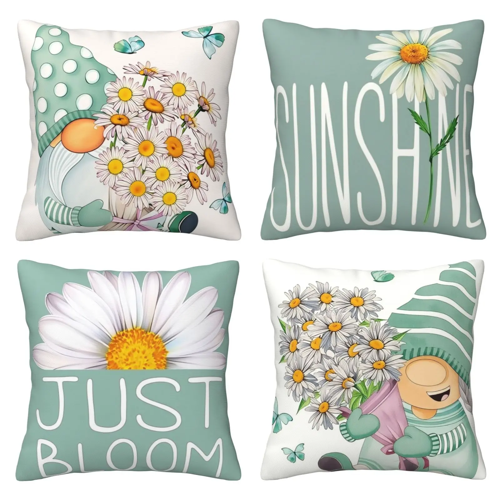 Light blue spring and summer pillow cover, daisy flower dwarf sunshine decoration cushion cover suitable for sofas, benches, terraces, 4-piece set with double-sided printing