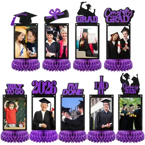 9 Pcs Graduation Centerpieces with Honeycomb Base for Class of 2026, Fit 4x6in Photo Glitter Graduation Table Centerpieces Hanging Party Supplies for High School College Graduation Gifts