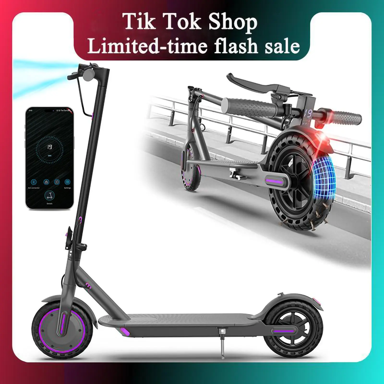 Purple electric scooter for adults, top speed 19 mph, 350-watt motor, 14-18 mile range, supports smart app control, easy to carry, folds up for storage in a trunk, can carry up to 265 lbs, fuel-efficient choice.