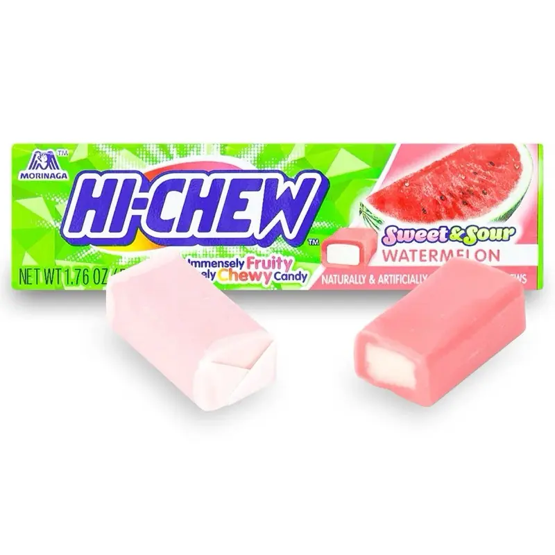 Hi-Chew Sweet-Tangy Watermelon Fruit Candy, Gluten-Free Gelatin-Free Individually Wrapped Chewy Snack with Syrups, 1.76 oz Cupboard-Storable Treat (Naturally & Artificially Flavored)