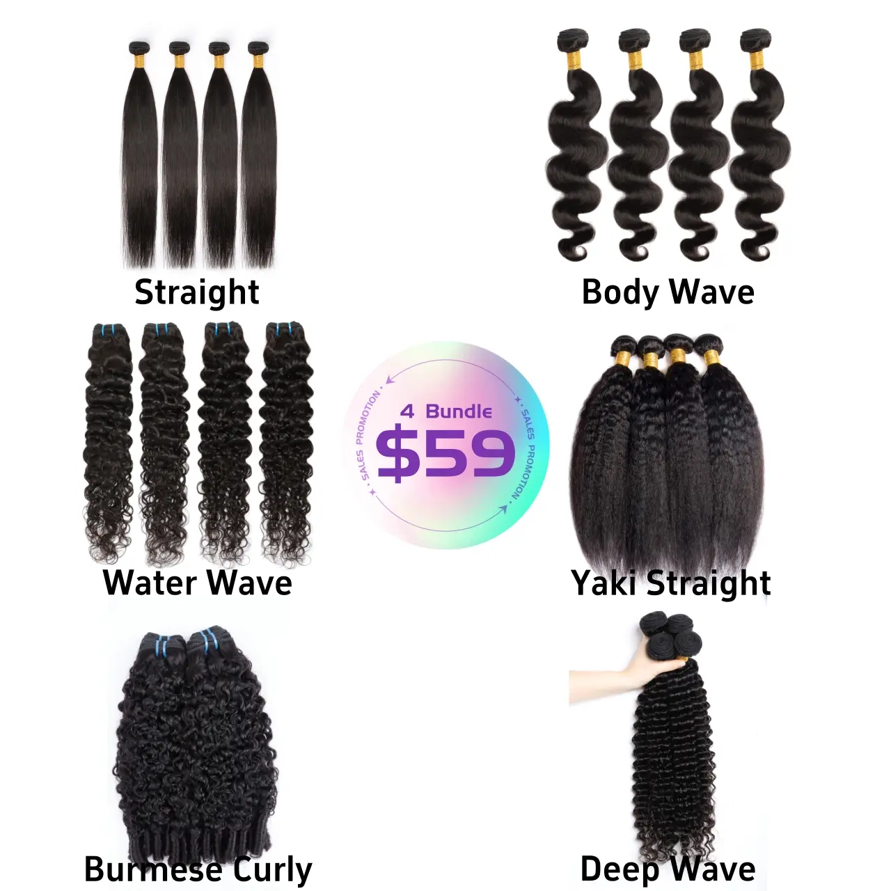 [Last Special Offer] Human Hair 4 Bundles Straight/Body Wave/Water Wave/Deep Wave/Yaki Straight/Burmese Curly Nature Black Brazilian Hair Salon Quality No Shedding Tangle Free Virgin summerwins
