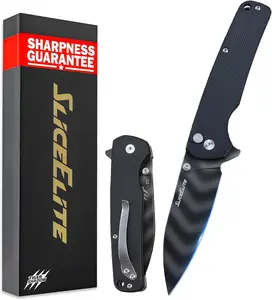 SliceElite Tiger Shadow Folding Knife D2 Steel 3.5 Inch Drop Point Blade Black G10 Handle Button Lock Striped Titanium Finish EDC Pocket Knife Outdoor Camping Survival Everyday Carry
