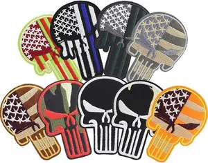 American Flag Skull Embroidered Applique Badge Ghost Head Armband, 9 Pack Goth Punk Style USA Skull Flag Skeleton Iron On Sew On Emblem Sticker Tactical Military Army Morale Repair Patch for Costumes