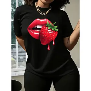 Women's Strawberry Lip Print T-Shirt - Casual Short Sleeve Round Neck Blouse Suitable for Daily Wear, Spring Summer Outfits, Machine Washable Gift for Sisters, Wives, Uniforms
