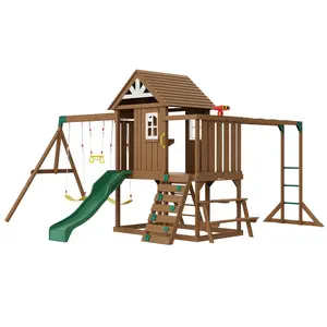 fathersdaygift  VEVOR Wooden Swing Set, 10 IN 1 Playground Sets for Backyards, 2 Swings, Trapeze Bar, 6FT Slide, Large Upper Fort with Kitchen Toys, Flat Step Ladder, Rock Wall, Picnic Table, Sandbox, Scaling Ladder