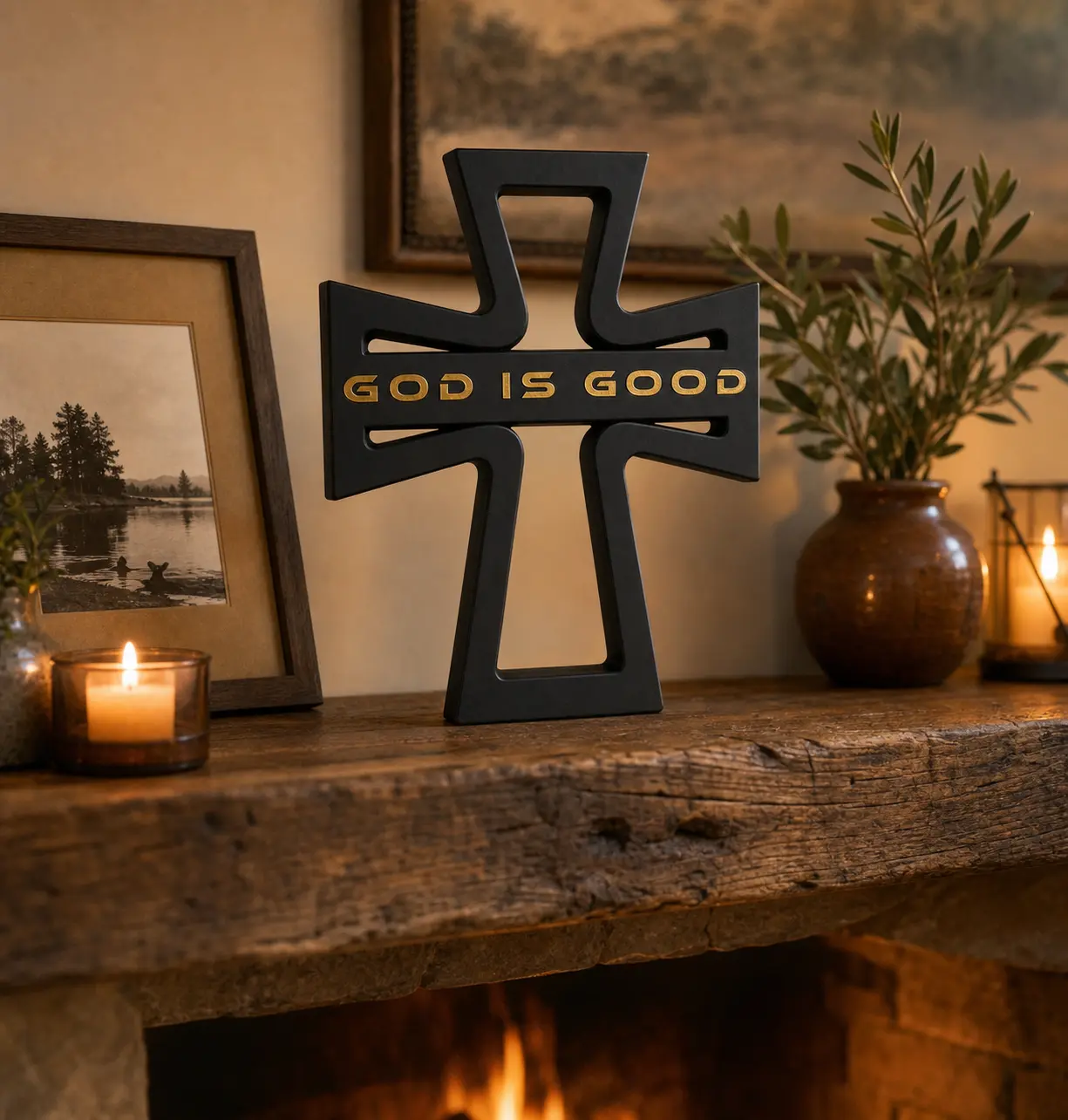 Black “God Is Good” Cross Decor – 8" Modern Christian Tabletop Sign