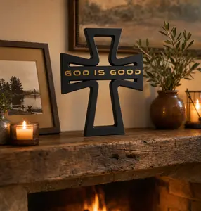 Black “God Is Good” Cross Decor – 8" Modern Christian Tabletop Sign